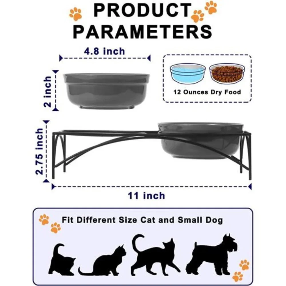 Dog&Cat Food Bowls,12OZ Ceramic Raised Pet Bowls for Food and Water, Two Dishes